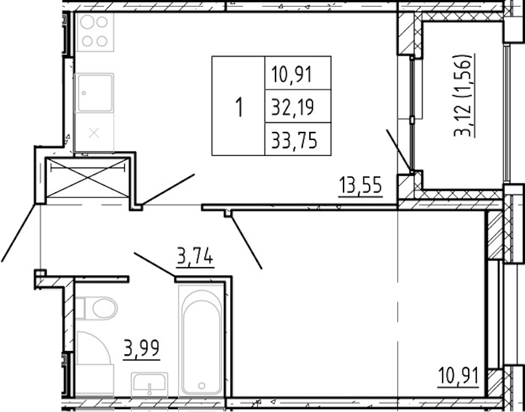 1-комнатная квартира 32.19 м², 3/12 эт., ЖК «Полис Новоселье»